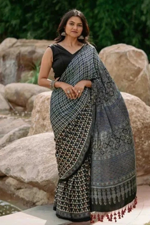 Craftroots Contemporary Ajrakh Modal Saree With Crafted Tassels
