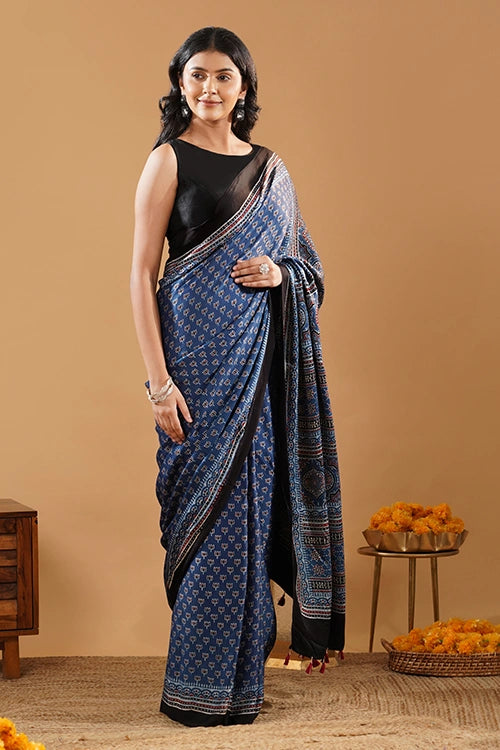 TENAARO  Lotus Indigo Ajrakh Hand Block Printed Modal Silk Saree