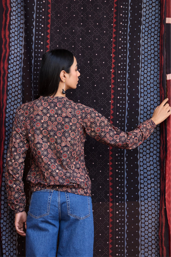 Okhai 'Raisin' Pure Cotton Ajrakh Handblock Printed Bomber Jacket