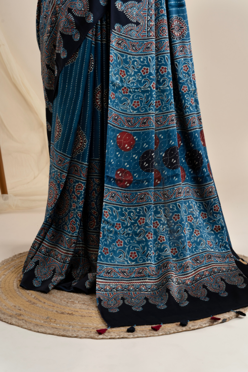 Jahangir Khatri-Traditional Ajrakh Hand Block Printed & Natural Dyed Modal Indigo Blue Saree With Tassels