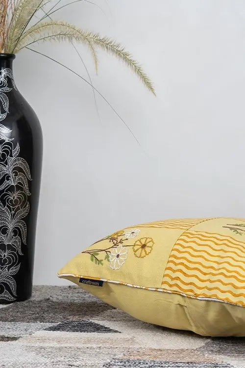 Craftroots Pastel Yellow Aari Floral Embroidered Cushion Cover Set Of 2
