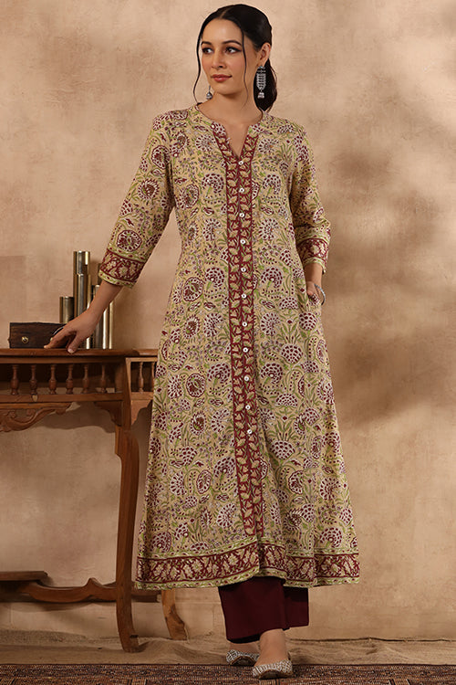 Shuddhi Yellow And Green A Line Kurta