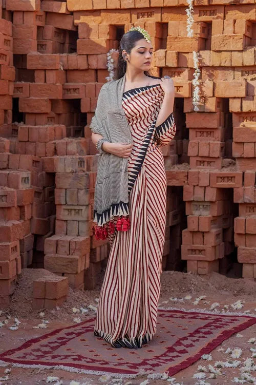 Craftroots Modal Saree With Block Print and Tassels