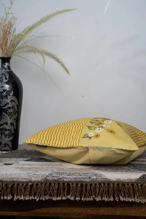 Craftroots Pastel Yellow Aari Floral Embroidered Artisan Cushion Cover Set Of 2