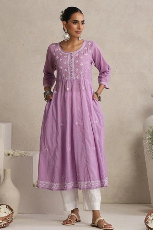 Shwet Hand Embroidered Chikankari Cotton Mauve Pintex Kali Kurta