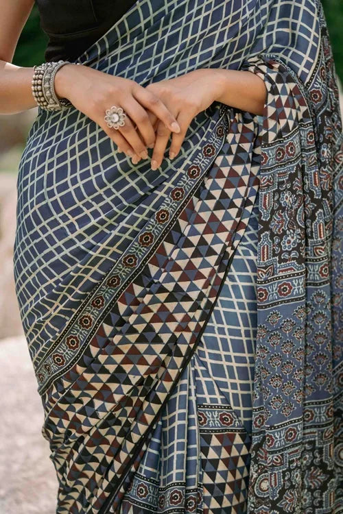 Craftroots Contemporary Ajrakh Modal Saree With Crafted Tassels
