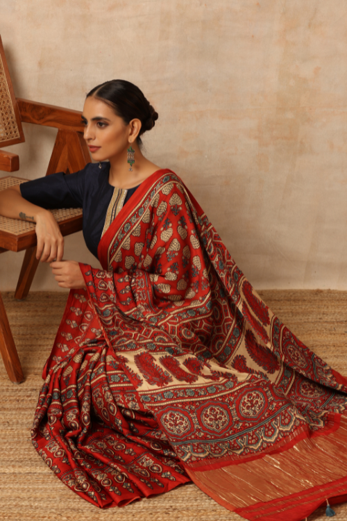 Riyaz Khatri Traditional Ajrakh Hand Block Printed And Natural Dye Modal Silk Tissue Pallu Saree With Beautiful Tassels - Red