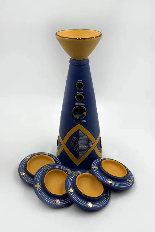 Antarang: Terracotta- Handpainted - Set Of Blue Rhythm Disc Diyas & Long Diya
