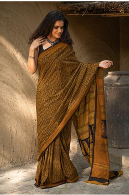 Exclusive Bagh Hand Block Printed Cotton Saree - Paisley Jaal