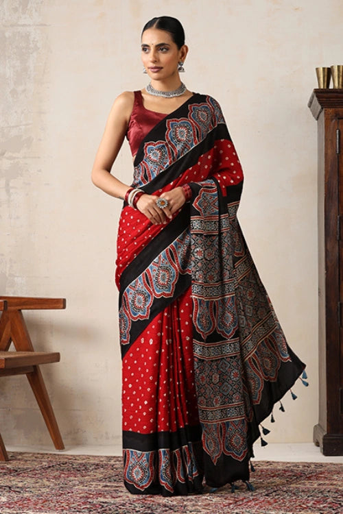 Jahangir Khatri - Black & Red  Ajrakh & Bandhani Modal Saree