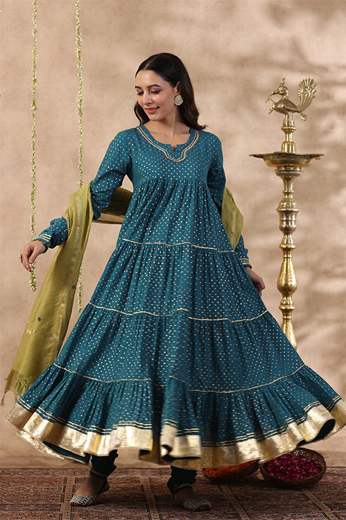 Shuddhi Teal Green Tier Kurta With Chuddidar And Duppatta