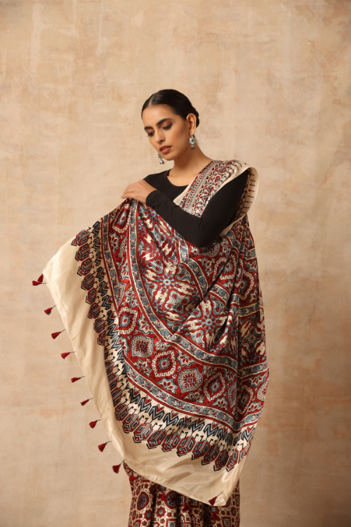 Tenaaro Ajrakh Hand Block Printed  Modal Sik Saree  (Offwhite-18)