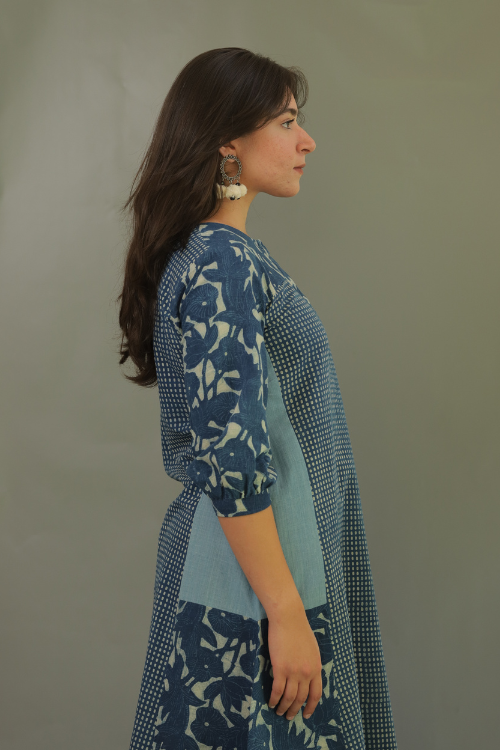 Moralfibre Natural Indigo Multi Print Dress With 3/4Th Sleeves