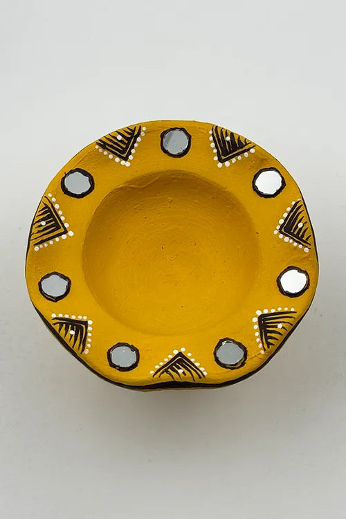 Antarang: Terracotta- Handpainted - Yellow Flower Diya Set Of 6