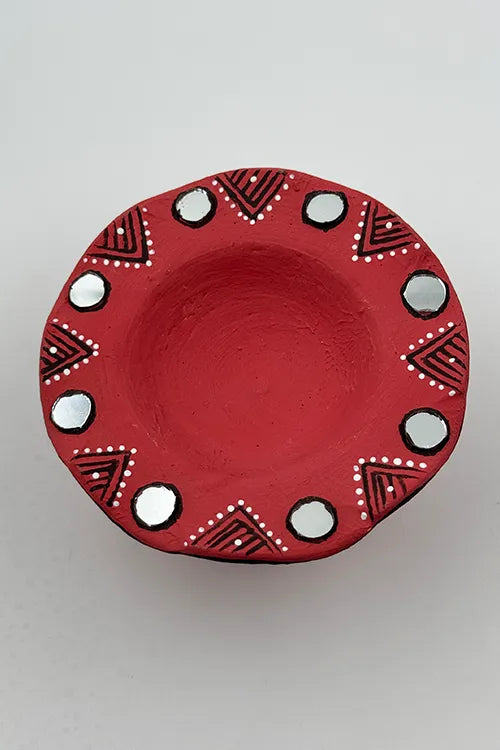 Antarang: Terracotta- Handpainted - Red Flower Diya Set Of 6