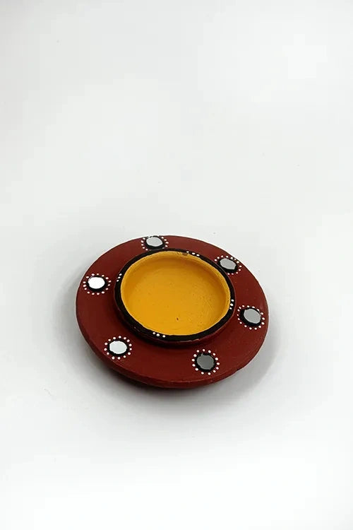 Antarang: Terracotta- Handpainted - Set Of Terracotta Disc Diyas & Long Diya