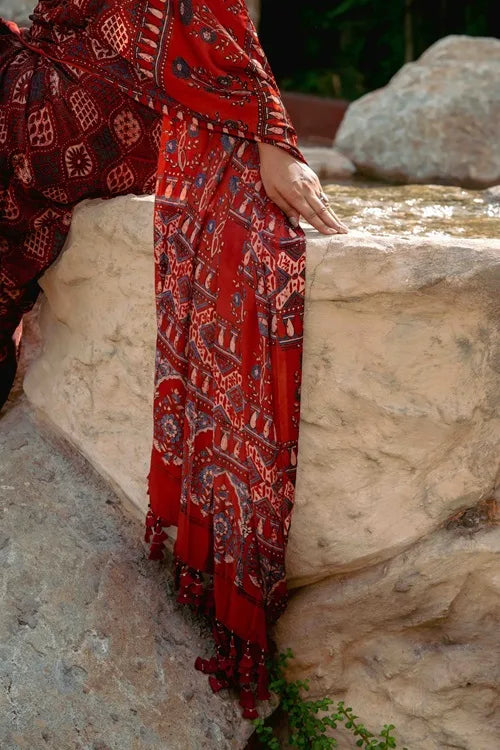 Craftroots Orange-Black Ajrakh Modal Saree With Tassels