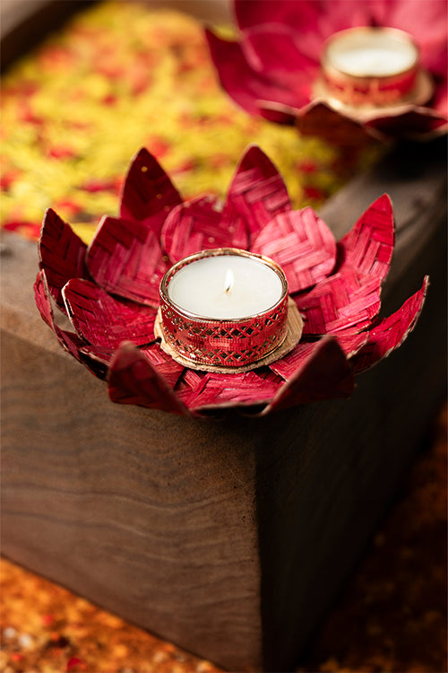 Greenkraft Lotus Handcrafted Bamboo Tealight Holder- Set Of 2