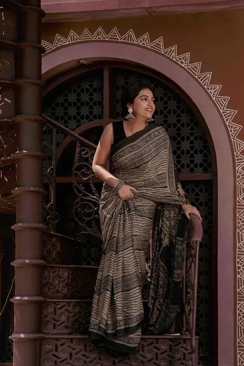 Craftroots Ajrakh Black Saree With Handmade Tassels