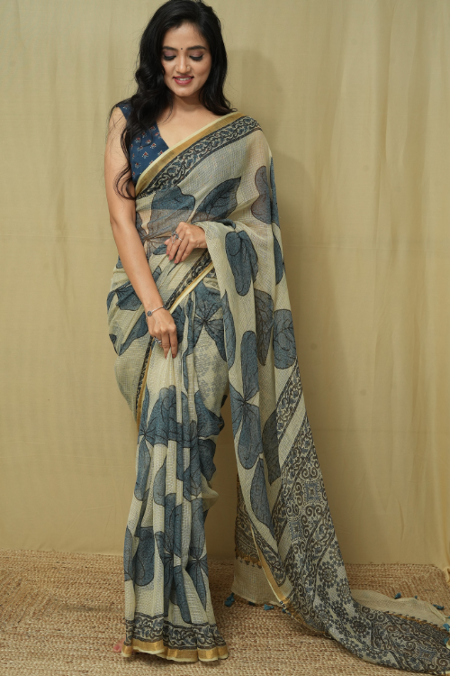 Ajrakh Print White And Blue Kota Saree | Jabbar Khatri