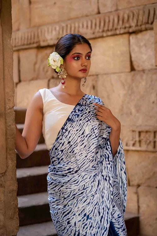 Craftroots Blue Shibori Modal Saree With Handmade Tassels