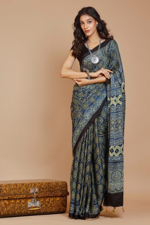 Tenaaro Ajrakh Hand Block Printed   Modal Saree (Nevyblue-2)