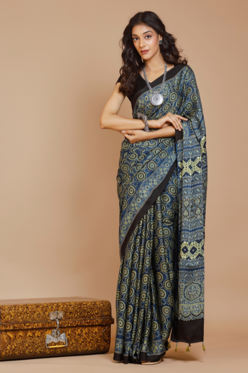 Tenaaro Ajrakh Hand Block Printed Modal Saree (Nevyblue-2)