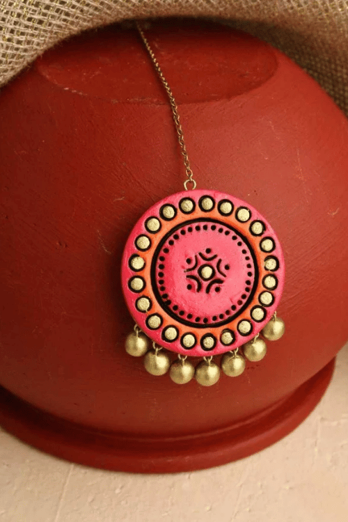 Mridah Pink And Orange 'Chandrakala' Handmade Terracotta Moon Choker Set