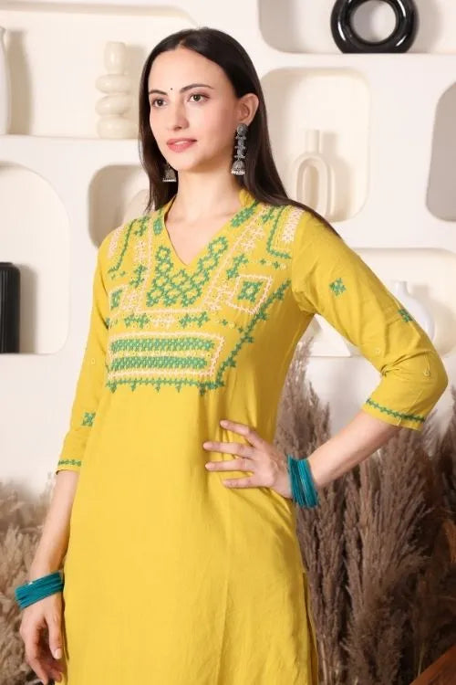 Urmul Sindhi Embroidery SAMU Lime Green Kurta - Pant Set