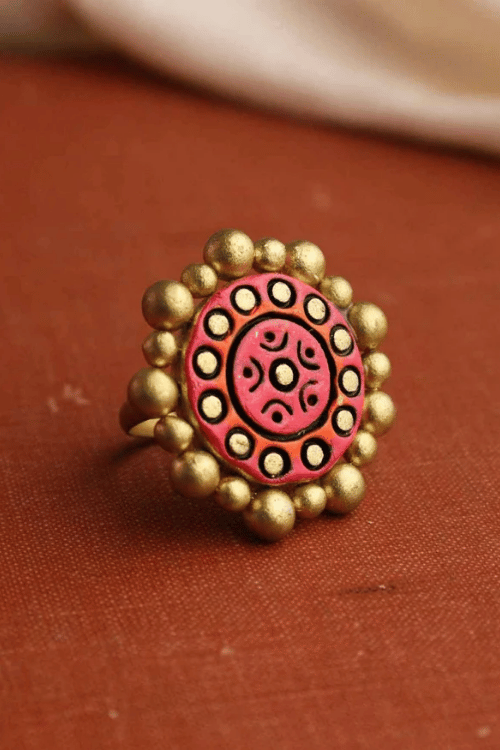 Mridah Pink And Orange 'Chandrakala' Handmade Terracotta Moon Choker Set Without Maangtika