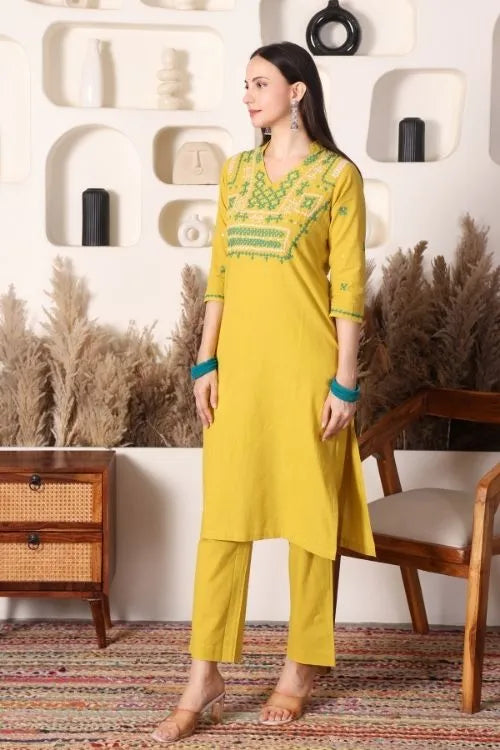 Urmul Sindhi Embroidery SAMU Lime Green Kurta - Pant Set