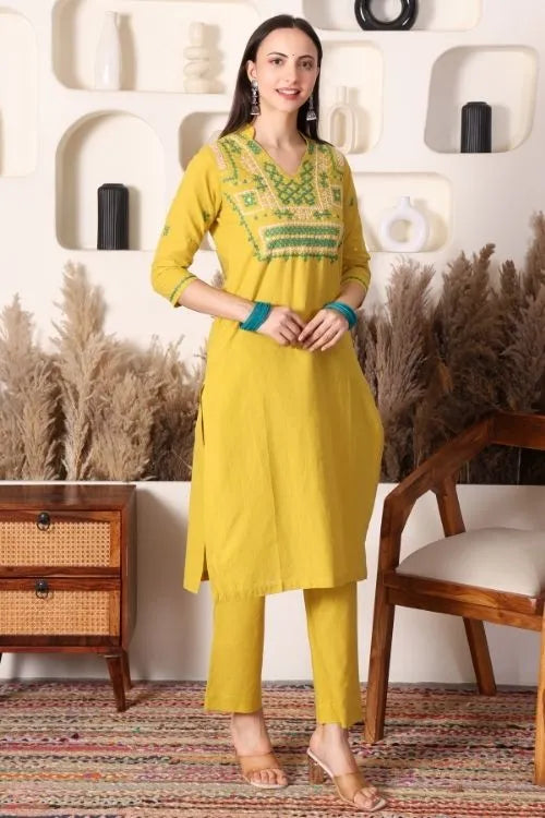 Urmul Sindhi Embroidery SAMU Lime Green Kurta - Pant Set