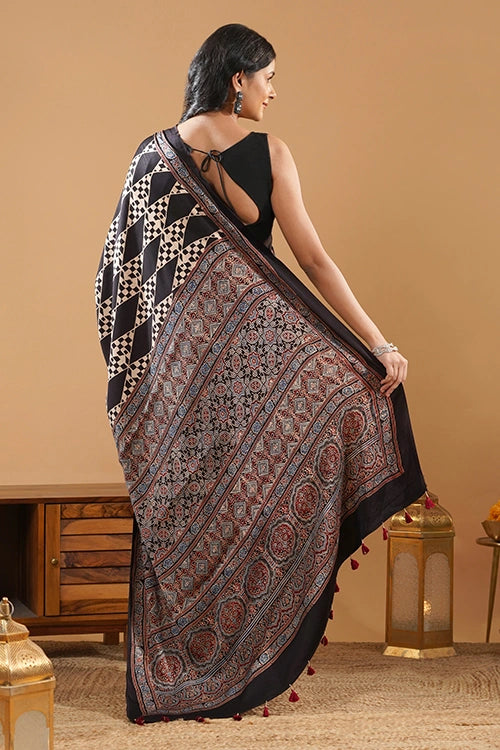 TENAARO  Diamond Black Ajrakh Hand Block Printed Modal Silk Saree