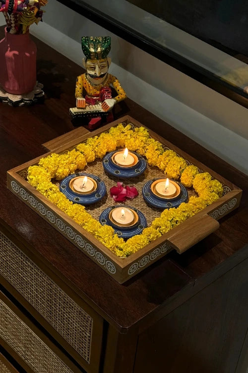 Antarang: Terracotta- Handpainted - Set Of Blue Rhythm Disc Diyas & Long Diya