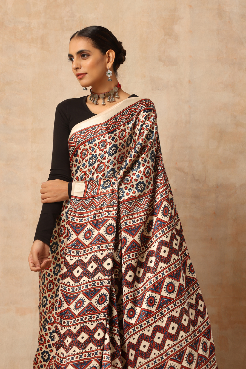 Tenaaro Ajrakh Hand Block Printed  Modal Sik Saree (Offwhite-16)