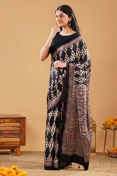 TENAARO  Diamond Black Ajrakh Hand Block Printed Modal Silk Saree