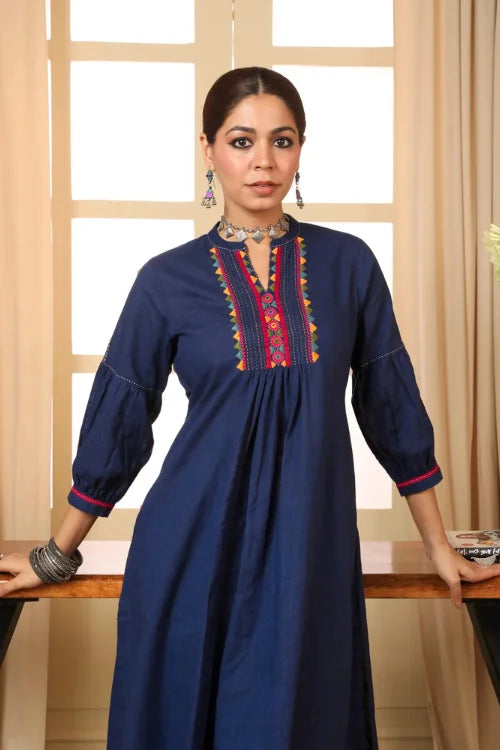 Rangsutra Kaanch Blue A-Line Cotton Kurta With Pacca Hand Embroidery