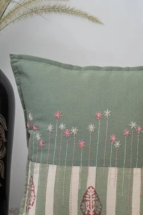 Craftroots Peach & Mint Green Block Print And Aari Work Daisy Cushion Cover Set Of 2