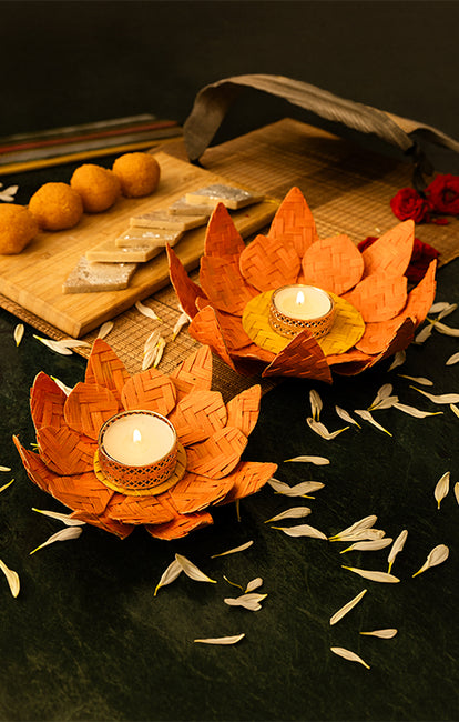 Greenkraft Lotus Handcrafted Bamboo Orange Tealight Holder- Set Of 2