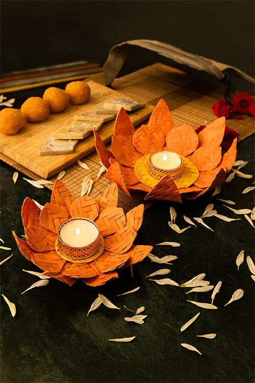 Greenkraft Lotus Handcrafted Bamboo Orange Tealight Holder- Set Of 2