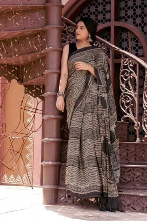 Craftroots Ajrakh Black Saree With Handmade Tassels