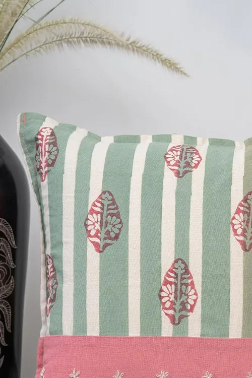 Craftroots Peach & Mint Daisy Handblock Printed Cushion Cover Set Of 2