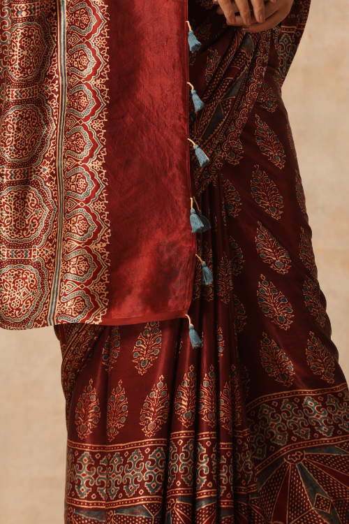 Tenaaro Ajrakh Hand Block Printed  Modal Sik Saree (Brown-19)