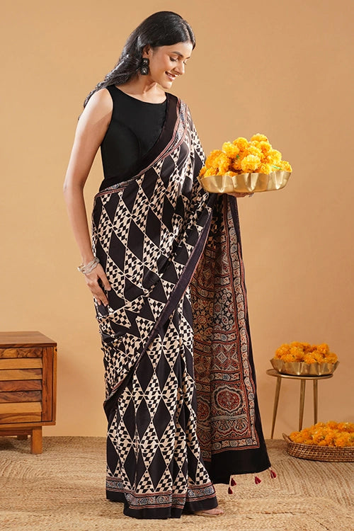 TENAARO  Diamond Black Ajrakh Hand Block Printed Modal Silk Saree
