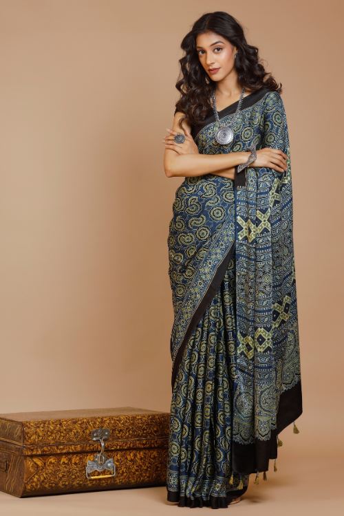 Tenaaro Ajrakh Hand Block Printed   Modal Saree (Nevyblue-2)