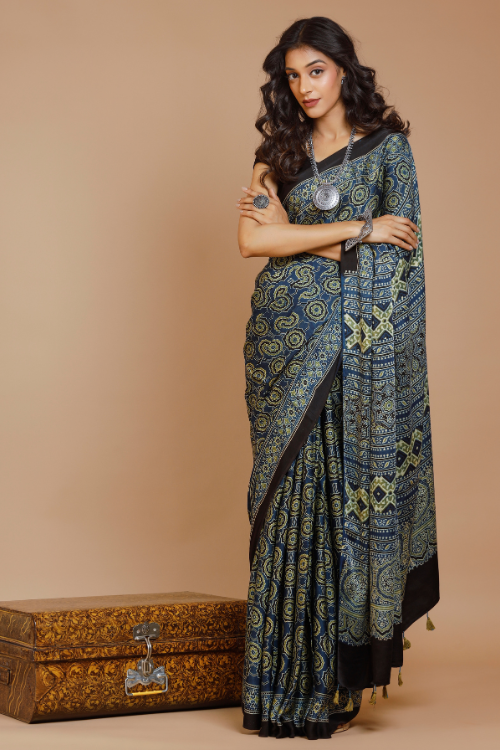 Tenaaro Ajrakh Hand Block Printed Modal Saree (Nevyblue-2)