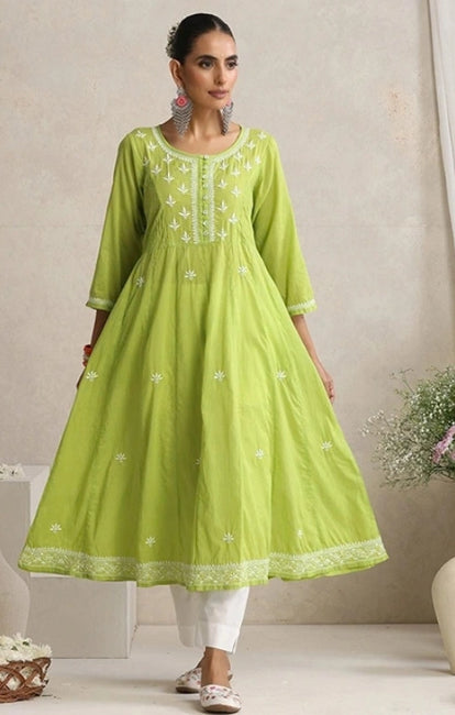 Shwet Hand Embroidered Chikankari Cotton Green Pintex Kali Kurta