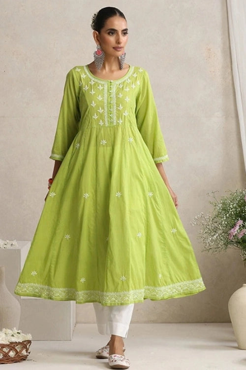Shwet Hand Embroidered Chikankari Cotton Green Pintex Kali Kurta