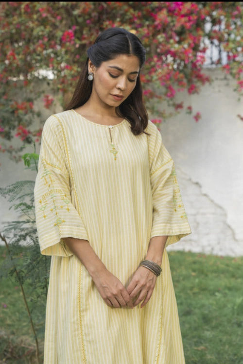 Rangsutra Suhani Cream Striped Cotton Kurta Cum Dress With Soof Hand Embroidery