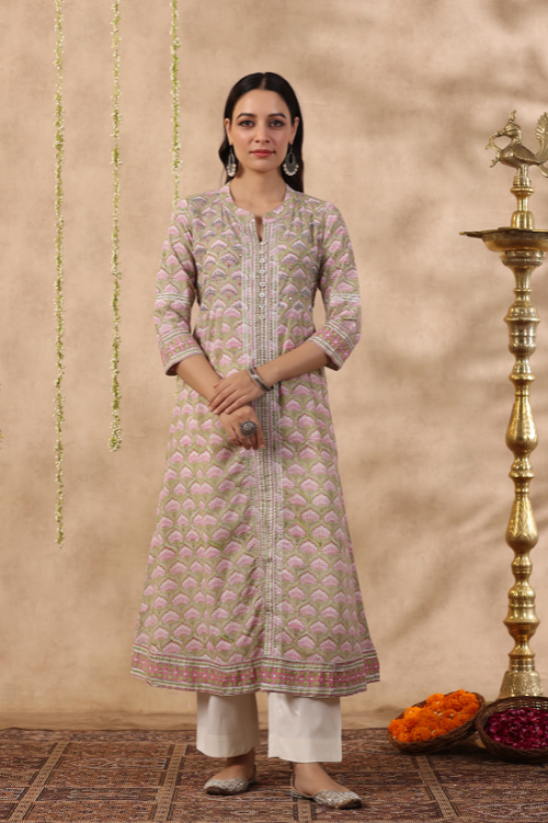 Shuddhi Green And Pink 2 Piece Kurta Set